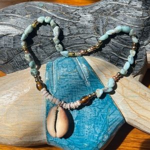 Larimar and cowrie shell necklace